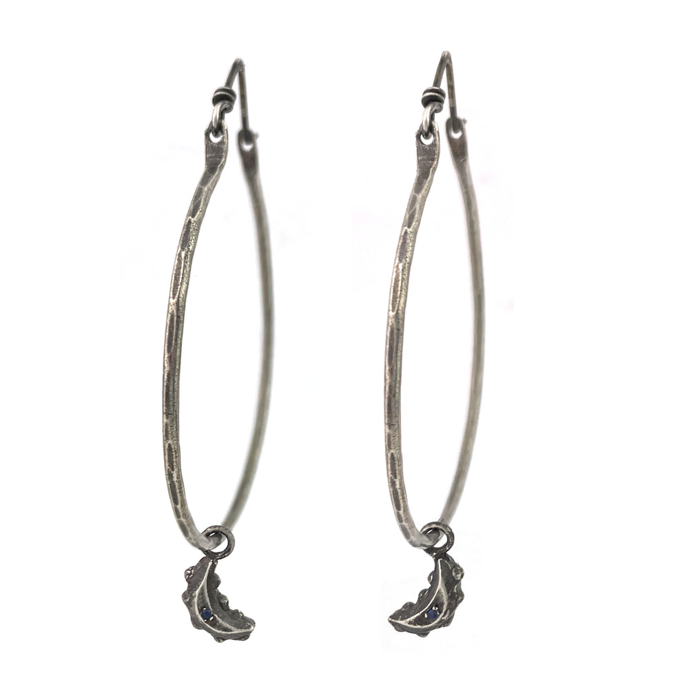
                  
                    PETITE MOON Hammered Hoop Earrings - Sterling with Blue Sapphire
                  
                