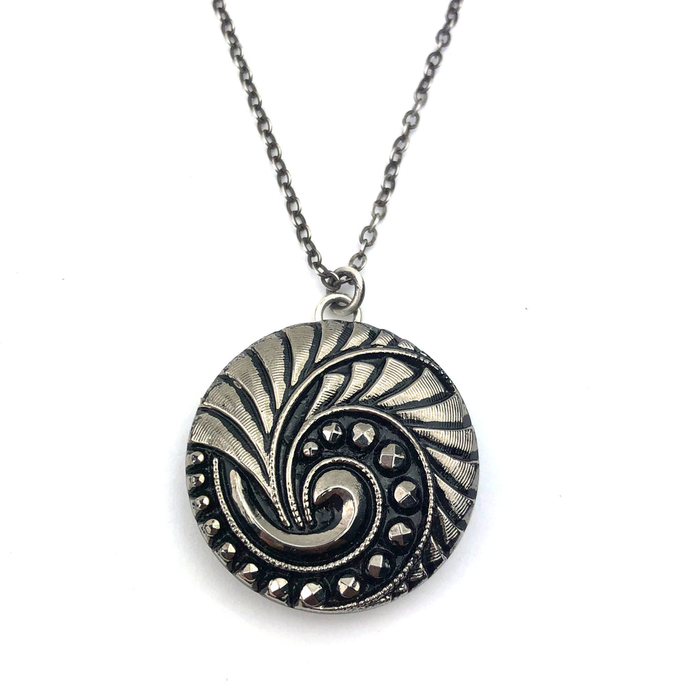 Geometric Spiral Antique Button Necklace - Silver
