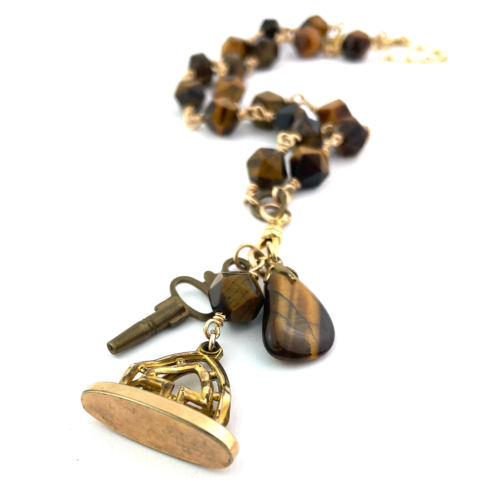 Victorian Tigers Eye Charm Keeper Necklace